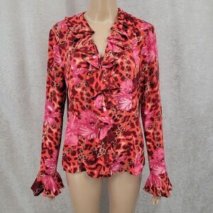 Gallia Y2K Silk Floral Leopard Cascading Ruffle Poet Red Pink Blouse Top